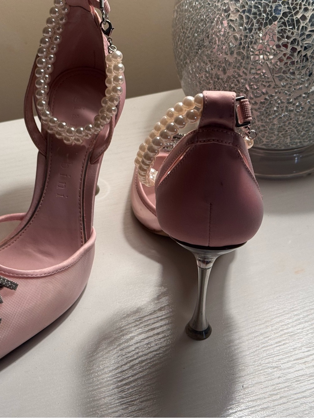 Giani Bernini Pink Satin Pointed-Toe Pearl-Strap Heels with Crystal Accents - Picture 3 of 3